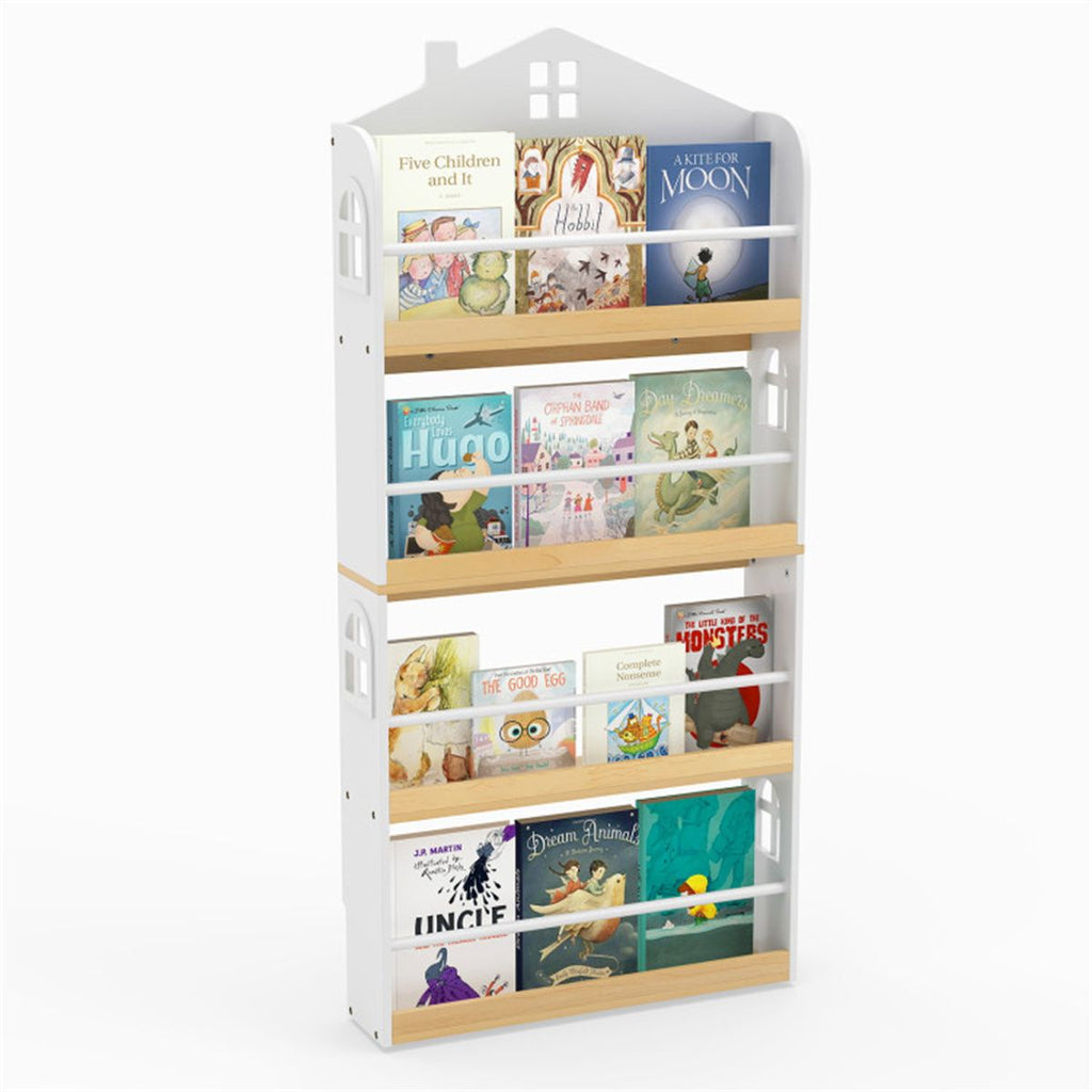 4-Tier House-Shaped Kids Bookshelf, 60.96×15.24×129.54 cm Front-Facing Book Rack with Anti-Toppling Kits for 3+ Years, White & Natural