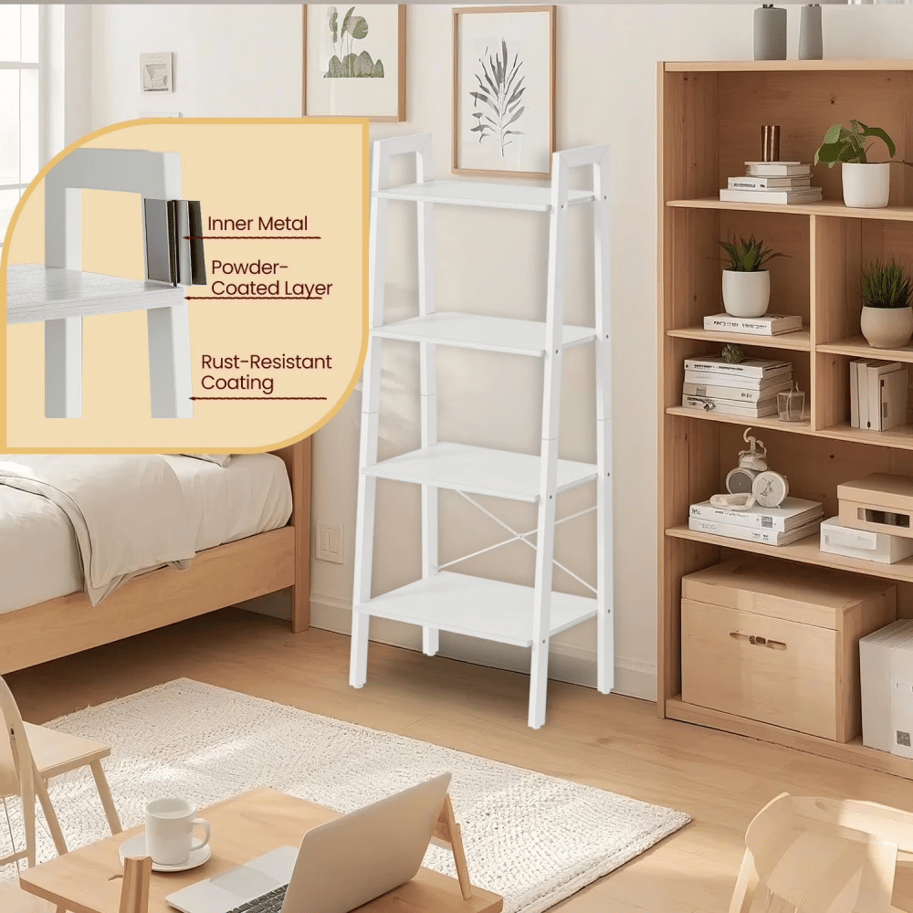 4-Tier Ladder Shelf with Steel Frame, 13.6\"D x 22\"WStorageRackforLiving Room,HomeOffice &Kitchen, Industrial Style, Maple WhiteandPearl White