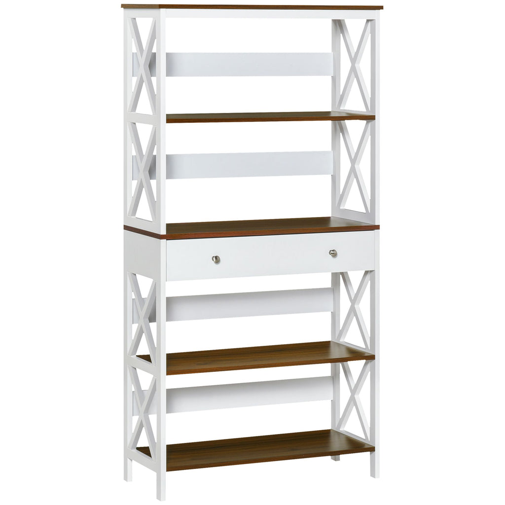 4-Tier Modern Bookcase with Drawer, Wooden Frame & X-Bar Stability, White