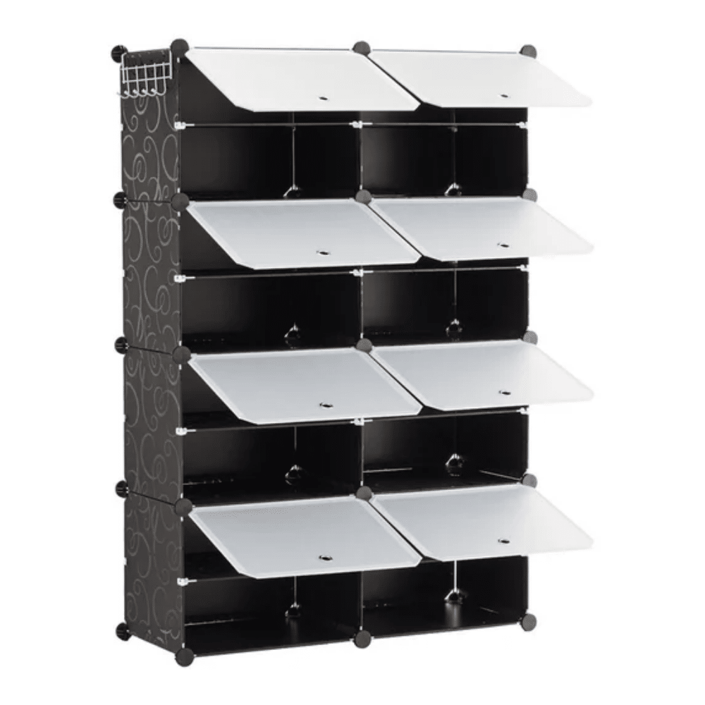 4-Tier Shoe Rack with Side Hooks, 32-Pair Capacity Sturdy Metal Frame Storage Organizer, White&Black Plastic Panel Shelf for Entryway, Bedroom&Dressing RoomBlack(Shipment from Walmart)