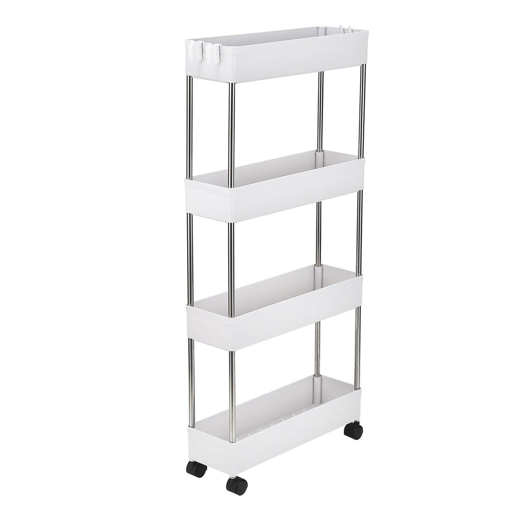 4 Tier Slim Storage Cart Mobile Shelving Unit Organizer Slide Out Storage Rolling Utility Cart Tower Rack for Kitchen Bathroom Laundry Narrow Places, Plastic & Stainless Steel, White