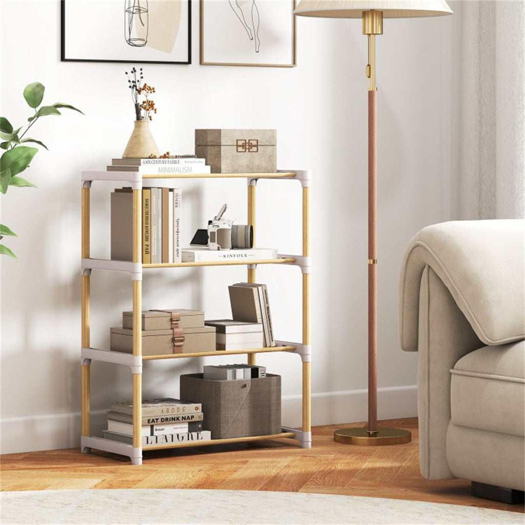 4-Tier Solid Pine Wood Shoe Rack Stackable Design 33LBS Per Shelf Ventilated Slatted Shelves Natural+Gray