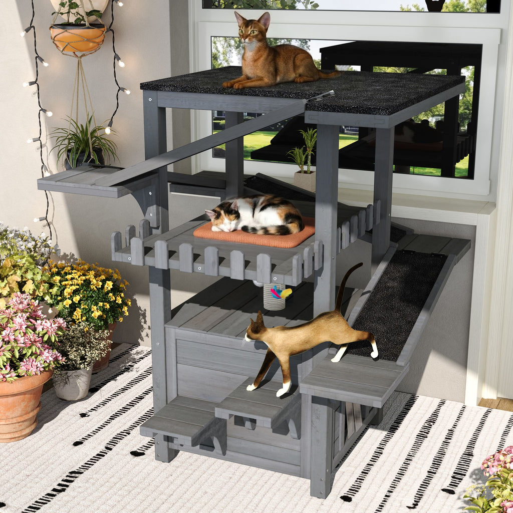 4 Tiers Outdoor Cat House Weatherproof Cat Tree Tower with Waterproof Roof and 2 Doors , Feral Cat Shelter Outside Enclosure, Multi-Level Play Zones with Balcony, for Small Animals, Grey