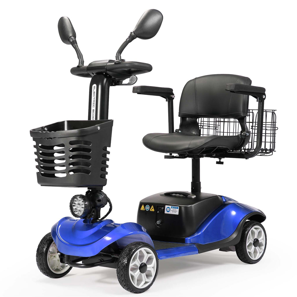 4 Wheel Compact Heavy Mobility with Lights, Battery Powered Electric Mobility Scooter, Electric Transportation Wheelchair, 2 Basket, Extended Battery (Blue, 4 Wheel - Compact and Exquisite)
