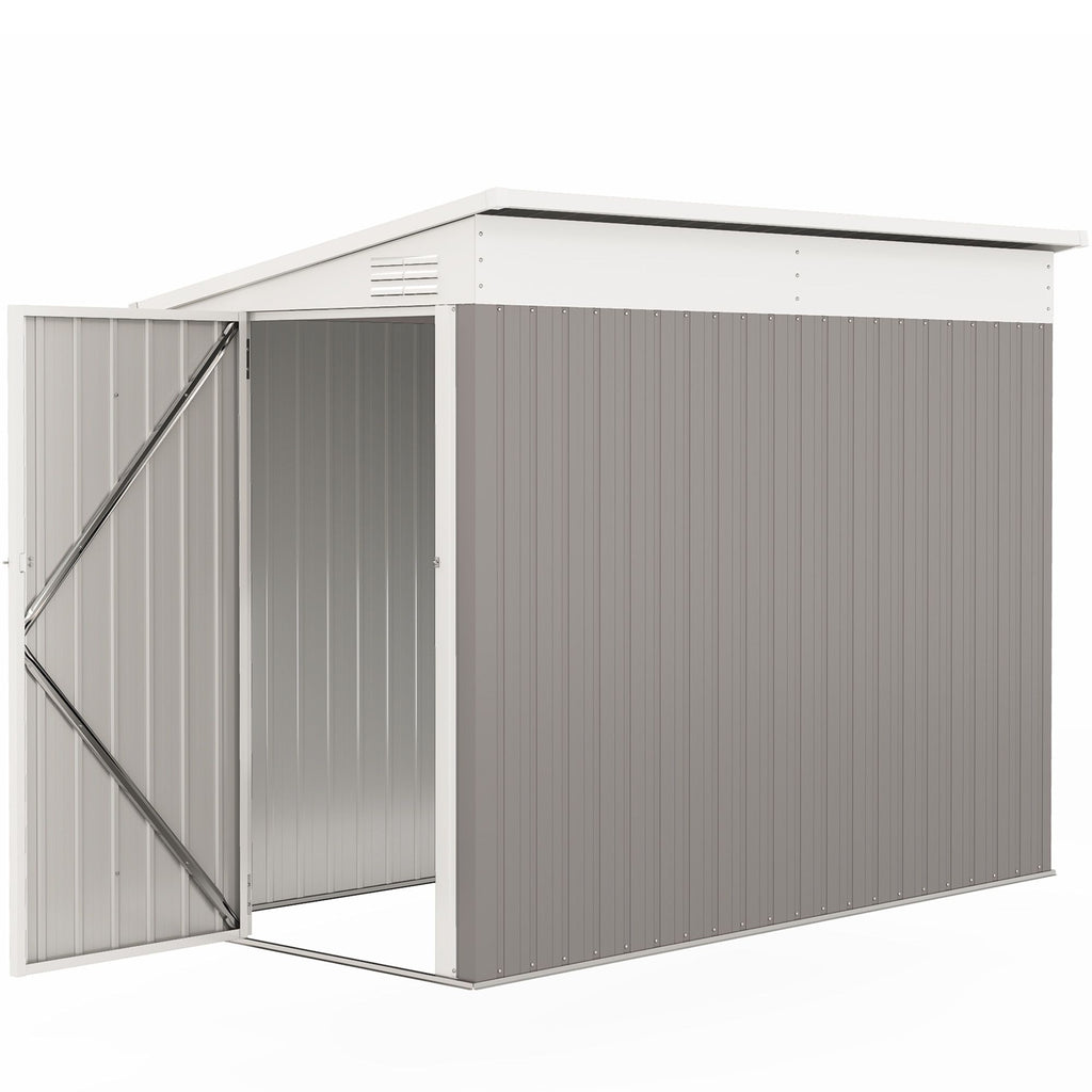 4' x 7.7' Lean to Garden Storage Shed, Outdoor Metal Tool House with Lockable Door Vents for Backyard Patio Lawn, Light Gray
