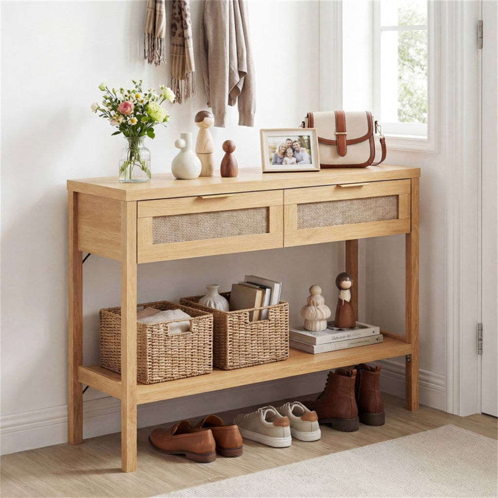 40" Console Table with Storage Drawers & Bottom Shelf, Sturdy PE Rattan Foyer Table for Hallway Living Room