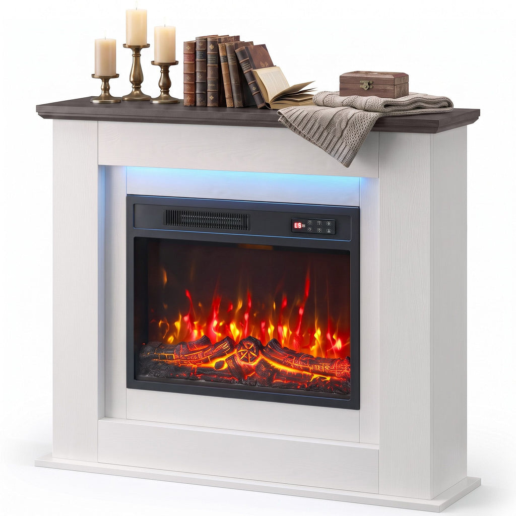 40" Electric Fireplace with Mantel, LED Strip, Fireplace TV Stand for 55" TVs, Adjustable Flame, White