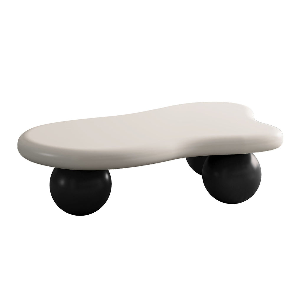 40 Inch Cloud Shaped Coffee Table with 3 Ball Legs for Living Room, White Top Black Legs