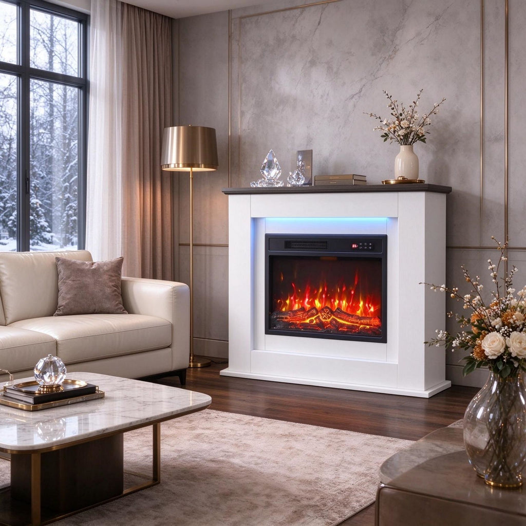 40-Inch Electric Fireplace with Mantel and LED Strip, Fireplace TV Stand for 55" TVs, Adjustable Flame & Brightness, White