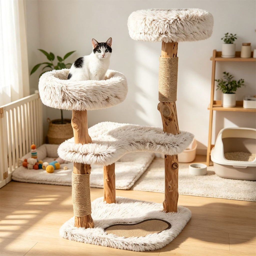 40" Natural Solid Wood Cat Tree Tower, Boho Style Cat Condo with Washable Plush Cushions & Jute Scratching Post for Indoor Cats
