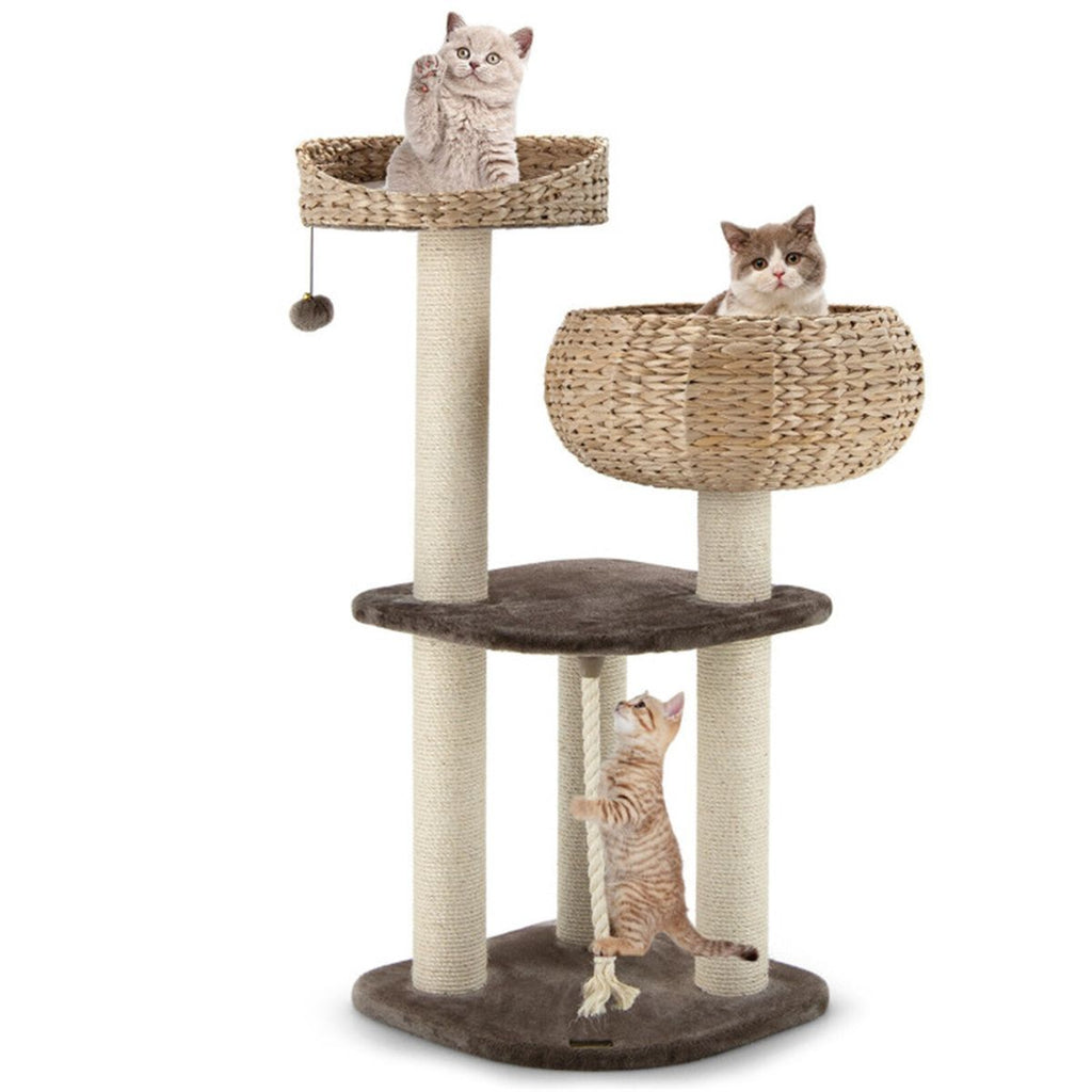 41 Inch Hand-Woven Water Hyacinth Cat Tree, 3 Sisal Scratching Posts Multi-Level Activity Center for Cats-Brown