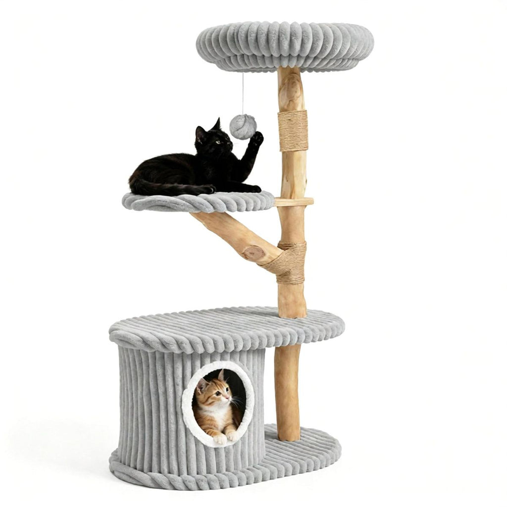 41 Inch Solid Pear Wood Cat Tree Tower Multi-Level Vertical Playground with Plush Top Perch Private Cat Condo Natural Jute Scratching Posts Dangling Toy Ball Washable Cushion for Multiple Cats Gray