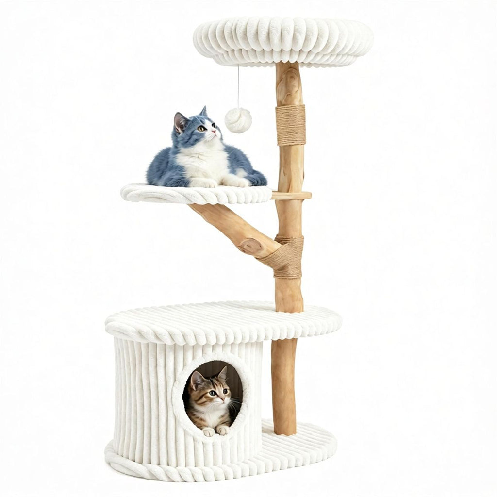 41 Inch Solid Pear Wood Cat Tree Tower Multi-Level Vertical Playground with Plush Top Perch Private Cat Condo Natural Jute Scratching Posts Dangling Toy Ball Washable Cushion for Multiple Cats Beige