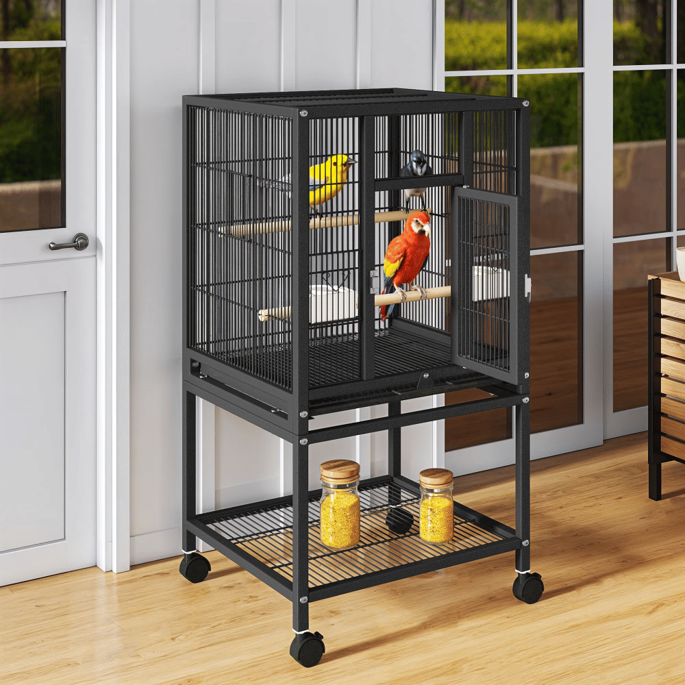 41" Metal Bird cage with Rolling Stand, Tray, 2 Perches and 2 Feeders, Black