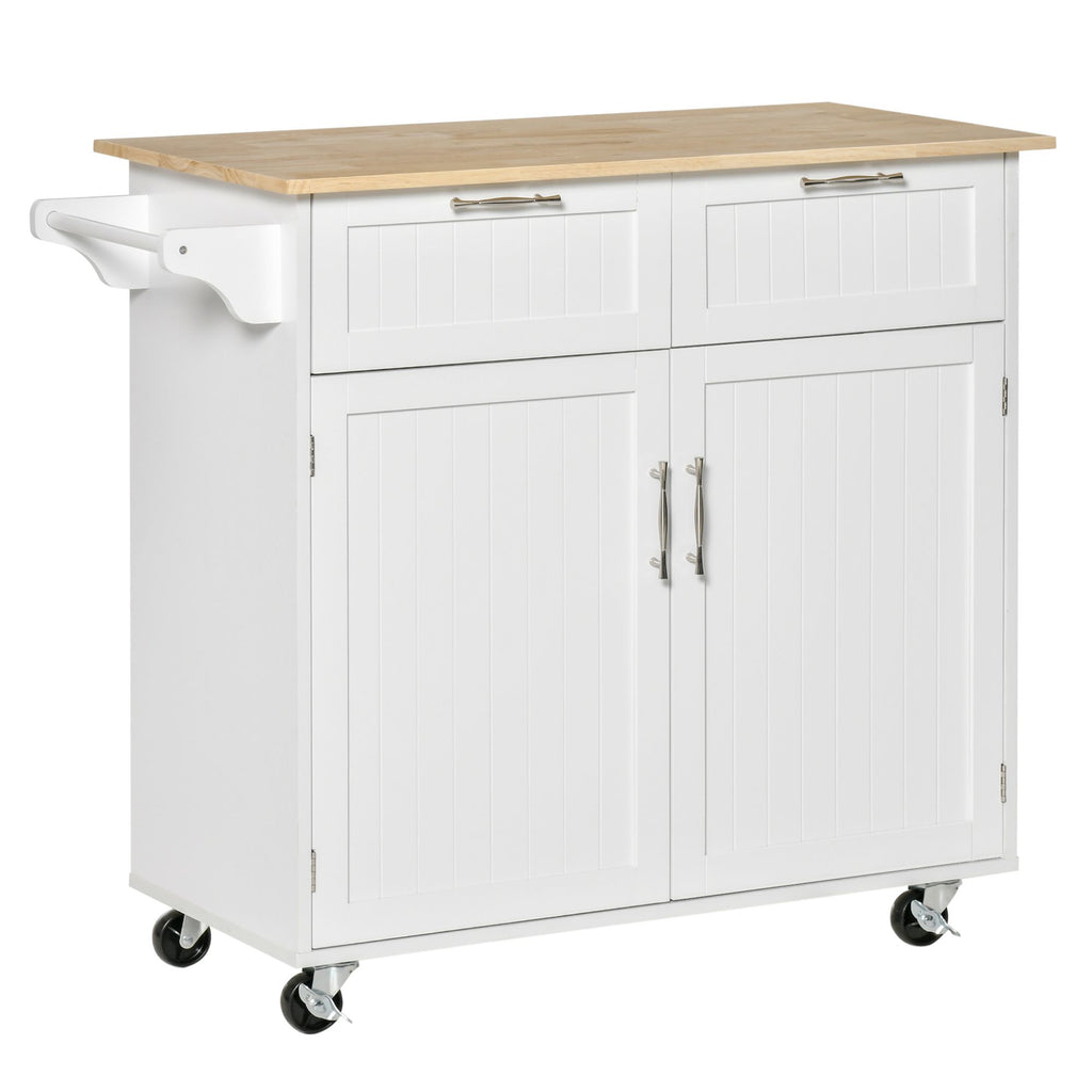 41" Modern Kitchen Island, Rolling Utility Cart with Rubberwood Top & Drawers, White