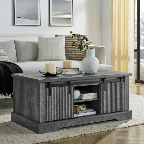 41.3 Inch Coffee Table with Storage and Sliding Wood Door, Farmhouse and Industrial Cocktail Table with Adjustable Shelves, Rectangular Rustic Living Room Table for Living Room Meeting Room