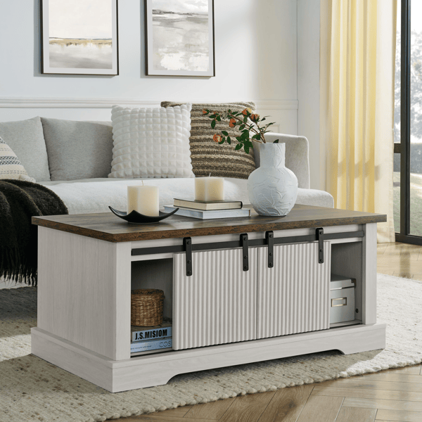 41.3 Inch Coffee Table with Storage and Sliding Wood Door, Farmhouse and Industrial Cocktail Table with Adjustable Shelves, Rectangular Rustic Living Room Table for Living Room Meeting Room