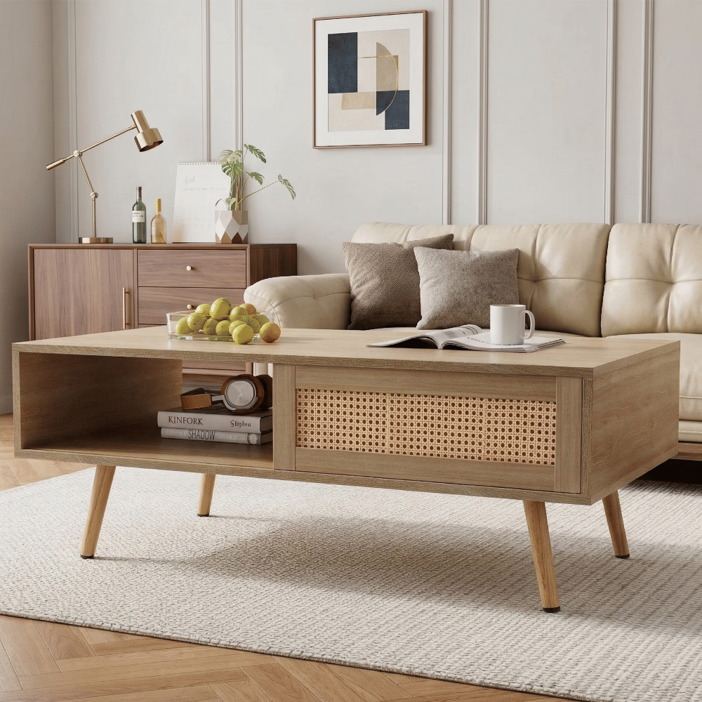 41.3 Inch Rattan Coffee Table with Sliding Storage Door, Rectangle Wooden Accent Center Sofa Table with Solid Wood Legs,Suitable for Living Room,Natural (Shipment from Walmart)