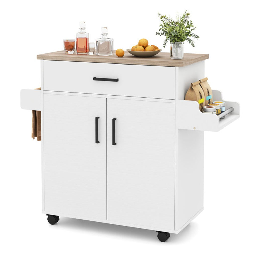 41.5" Rolling Kitchen Island Cart with Storage, White Kitchen Cart with Drawer & Cabinet, Spice Rack & Towel Holder