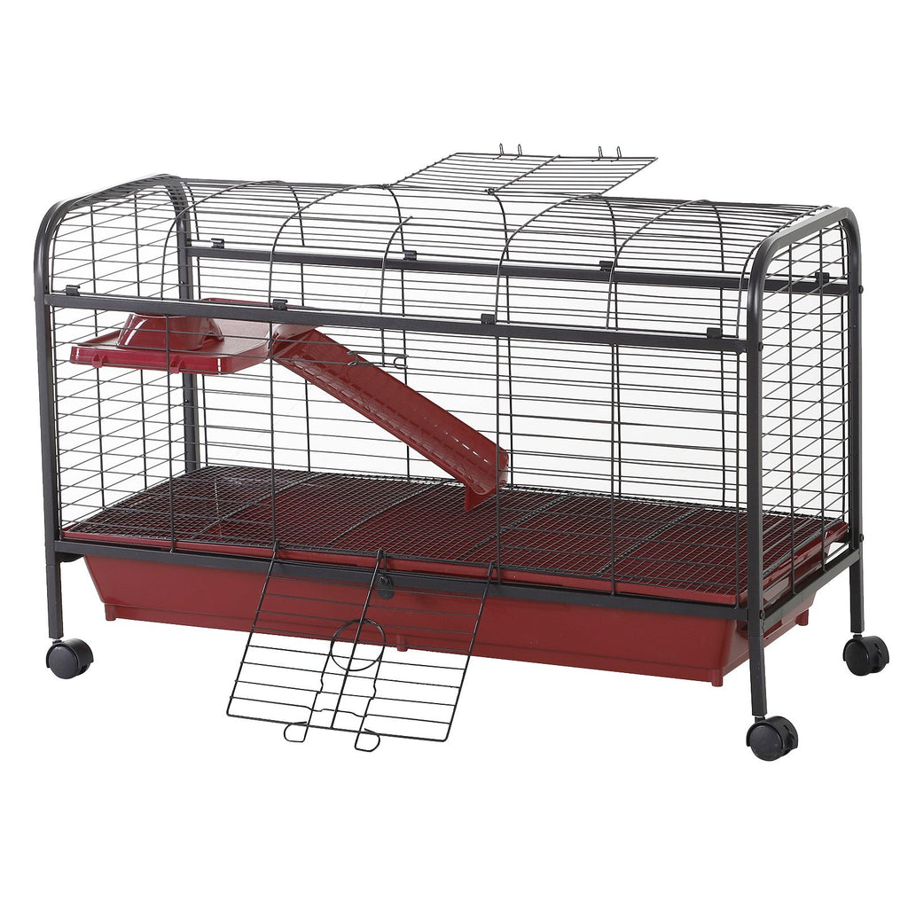 41"L Small Animal Cage, Rabbit Guinea Pig Hutch, Ferret Pet Play House with Feeder, Rolling Wheels, Platform & Ramp, Red/Black