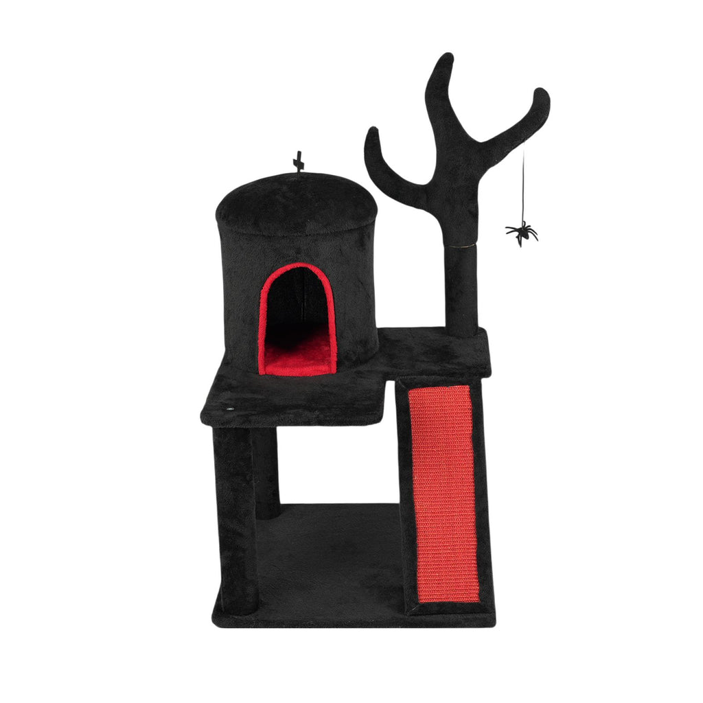 42" Gothic Cat Tree, Halloween Cat Tower Cat Tree with Spacious Cat Condo, Brach Shaped Scratching Post, Scratching Ladder, Spider Toy for Indoor Cats, Red & Black