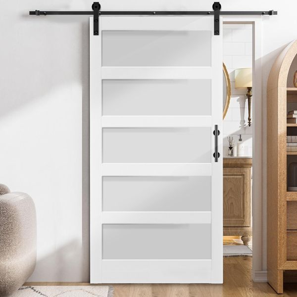 42 in. x 84 in. Unfinished Sliding Barn Door with 7FT Barn Door Hardware Kit & Handle, 5 Panel Tempered Glass Requires Simple DIY Assembly