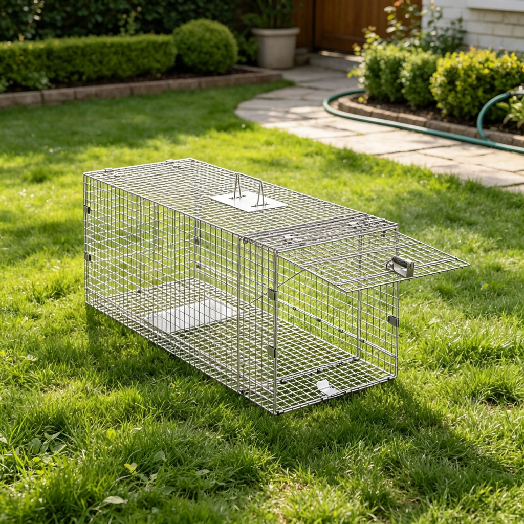 42" x 16" x 18" Humane Live Animal Cage Trap, Galvanized Iron Folding Design with Handle, for Stray Cats, Dogs, Raccoons, Armadillos & Foxes