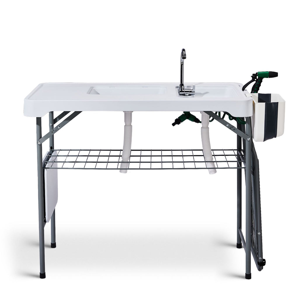 42.5" Fish Cleaning Table with Dual Sink, Portable Folding Camping Table with Foldable Extension Stand, Faucet, Sprayer, Grid Rack & Hose Hook Up, Outdoor Sink Station for Picnic