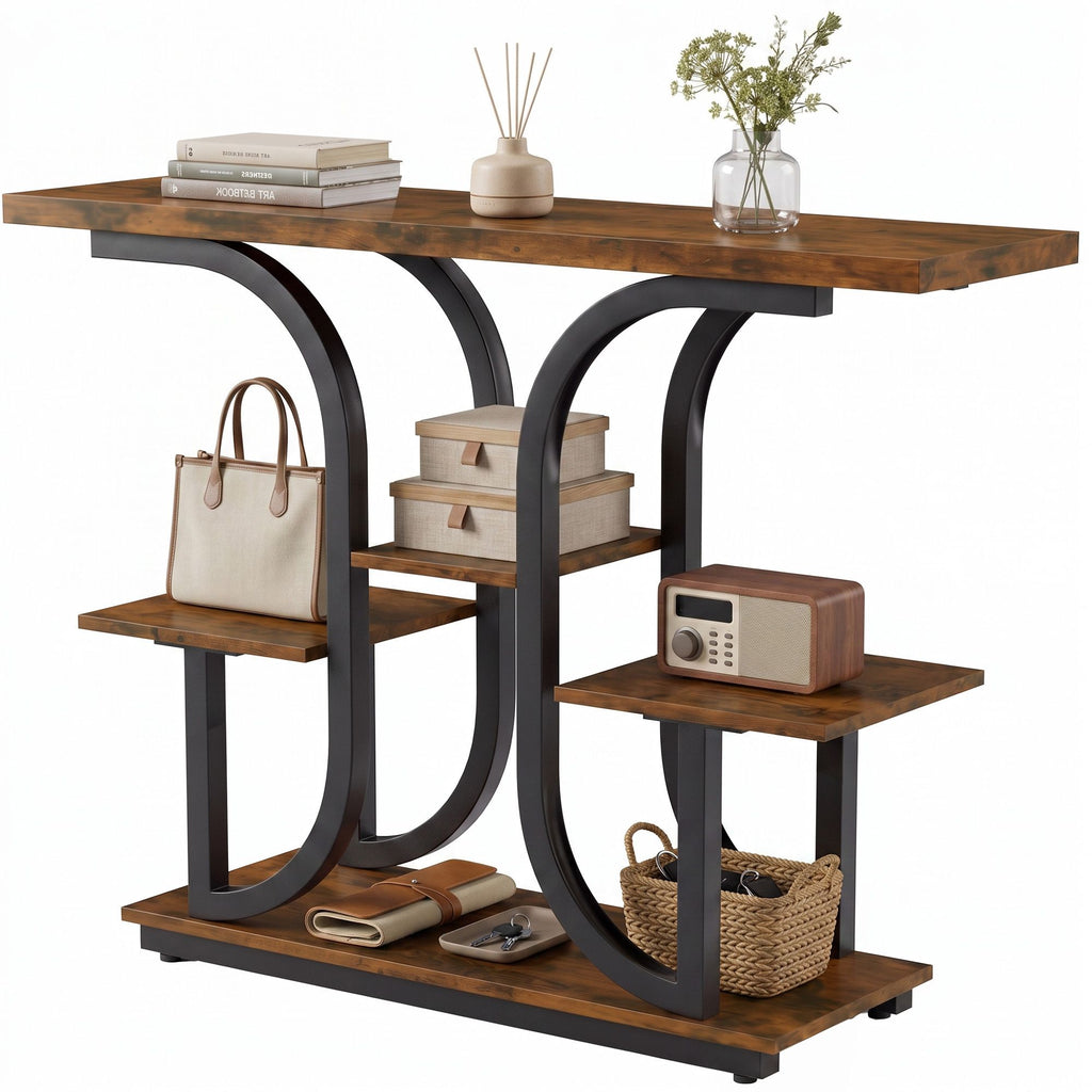 42.5" Modern Console Table, 3-Tier Narrow Entryway Table with Open Storage Shelves for Entryway, Rustic Brown