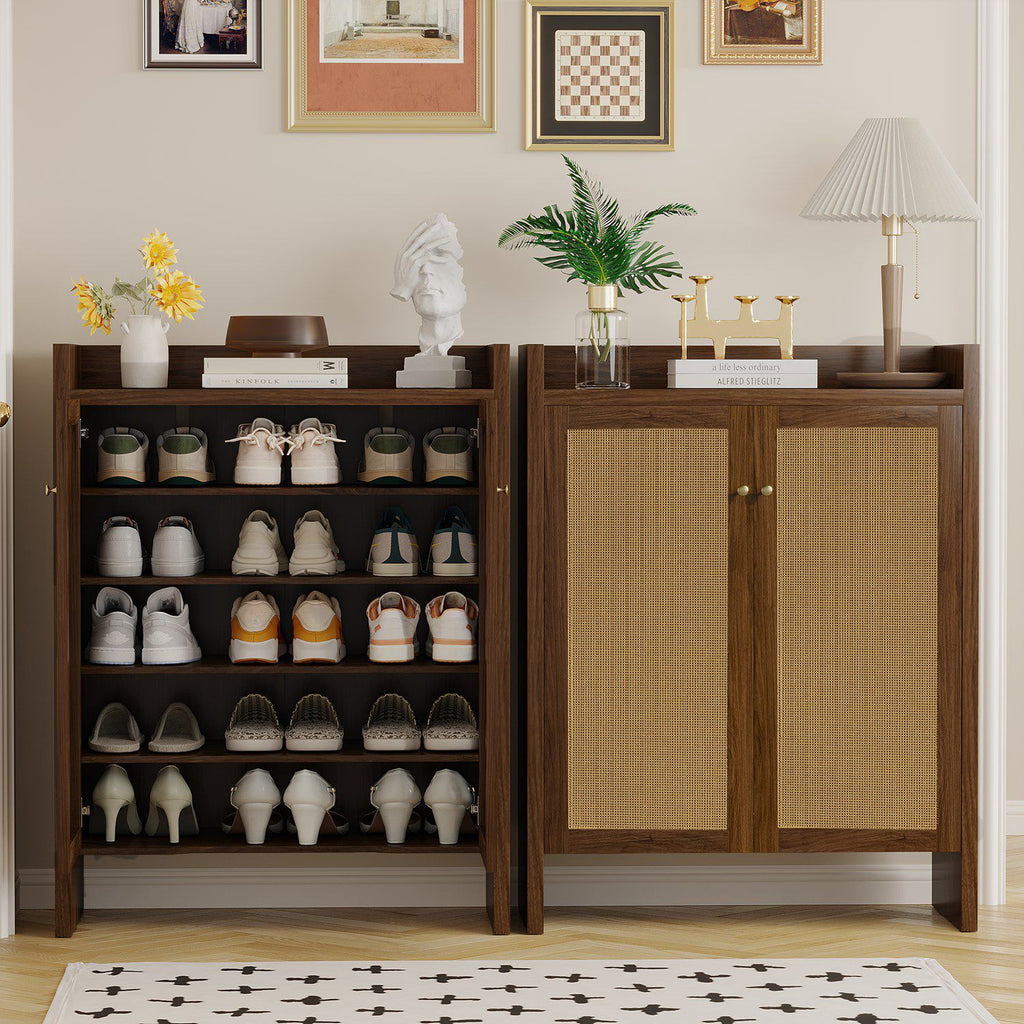42.5" Tall Rattan Shoe Cabinet with Doors, 6-Tier Wooden Freestanding Shoe Storage Organizer with Adjustable Shelves, Mid-Century Entryway Shoe Cabinet for Hallway & Living Room--Walnut
