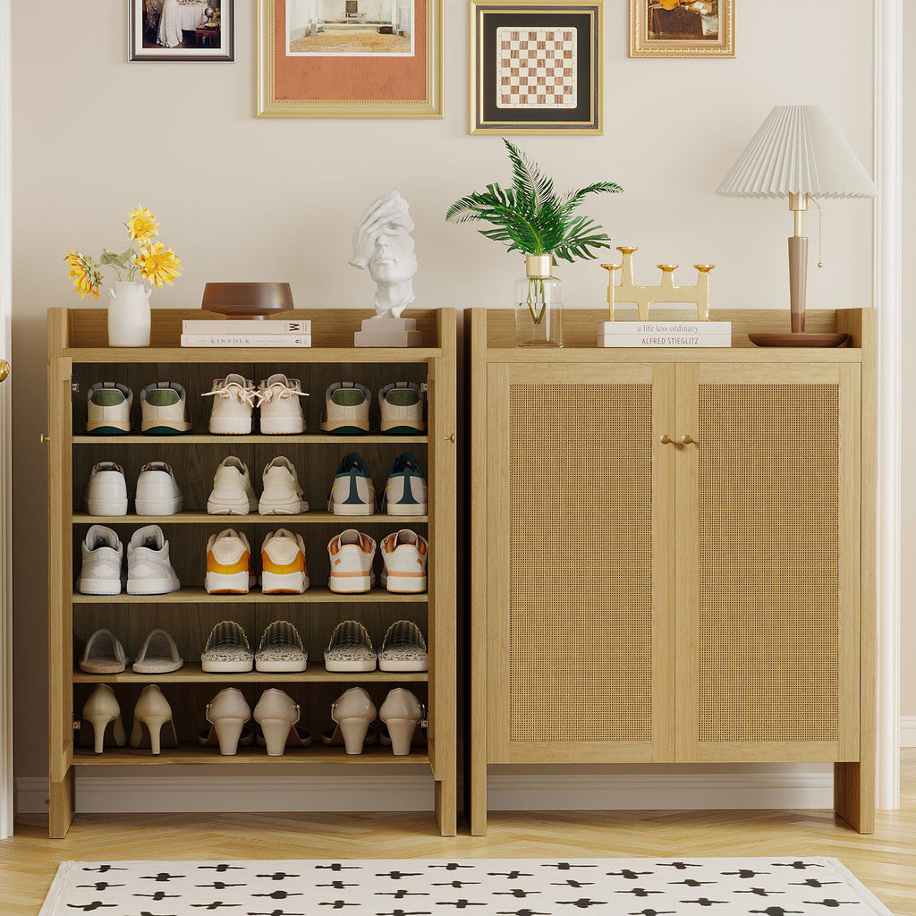 42.5" Tall Rattan Shoe Cabinet with Doors, 6-Tier Wooden Freestanding Shoe Storage Organizer with Adjustable Shelves, Mid-Century Entryway Shoe Cabinet for Hallway & Living Room