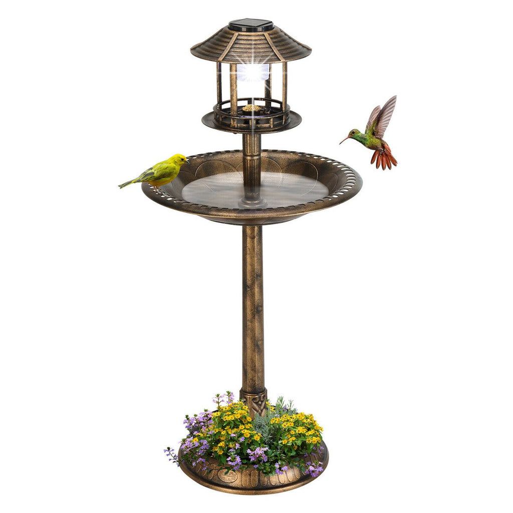 42"bird bath feeder with flowerpot base and Solar. Bronze