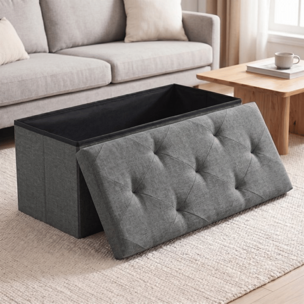 43" FoldableStorageOttoman Bench Linen Footrest Stool with Foam Padded Seat, Gray