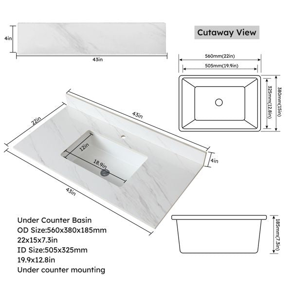 43 Inch Marble Vanity Top, White Vanity Top with Pre-drilled Faucet Holes, Bathroom Vanity Top with Undermount Rectangular Middle Sink and 4" Height Backsplash Single Hole