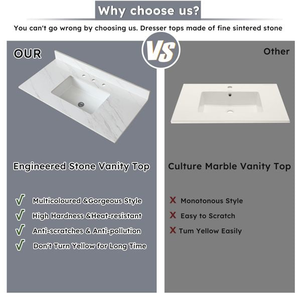 43 Inch Marble Vanity Top, White Vanity Top with Pre-drilled Faucet Holes, Bathroom Vanity Top with Undermount Rectangular Middle Sink and 4" Height Backsplash Three Holes