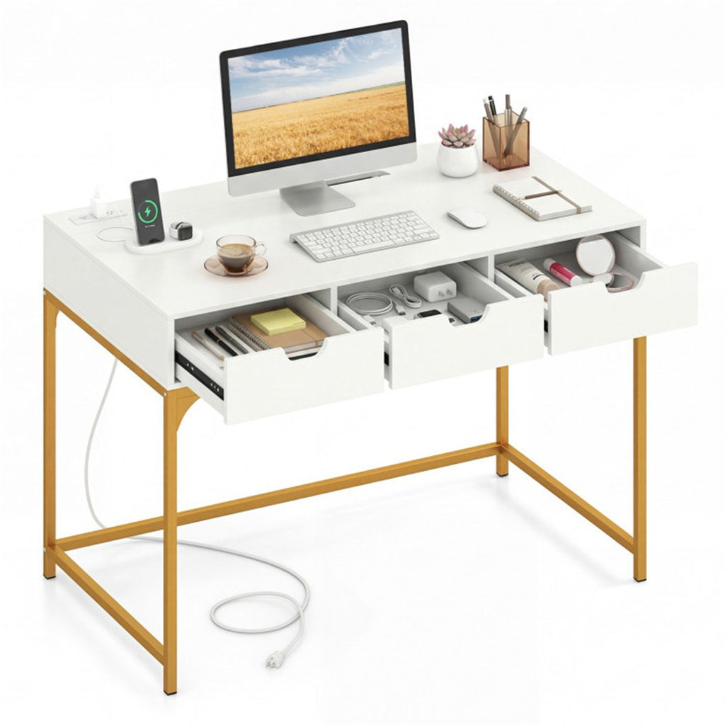 43.5" Home Office Desk with Built-in Charging Station & 3 Drawers Hidden Compartment
