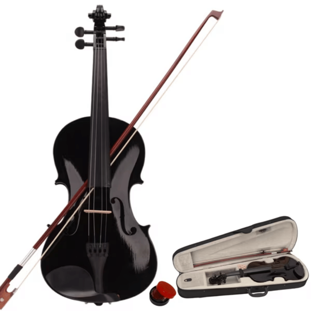 4/4 Full Size Acoustic Violin Set - Black with Hard Case, Bow, Rosin & Accessories for Adults & Beginners