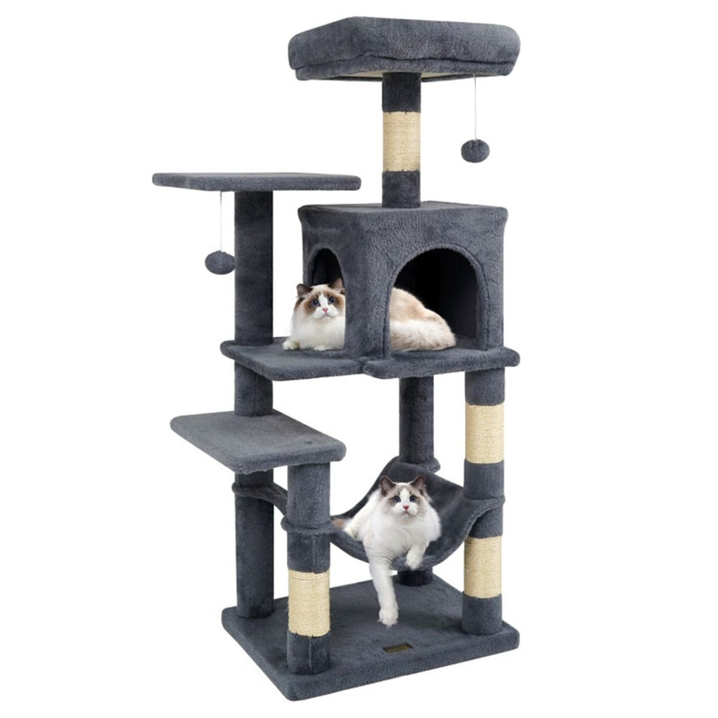 44" Multi-Level Cat Tree with Spacious Top Perch, 2-Door Condo & Hammock for Indoor Cats -Gray