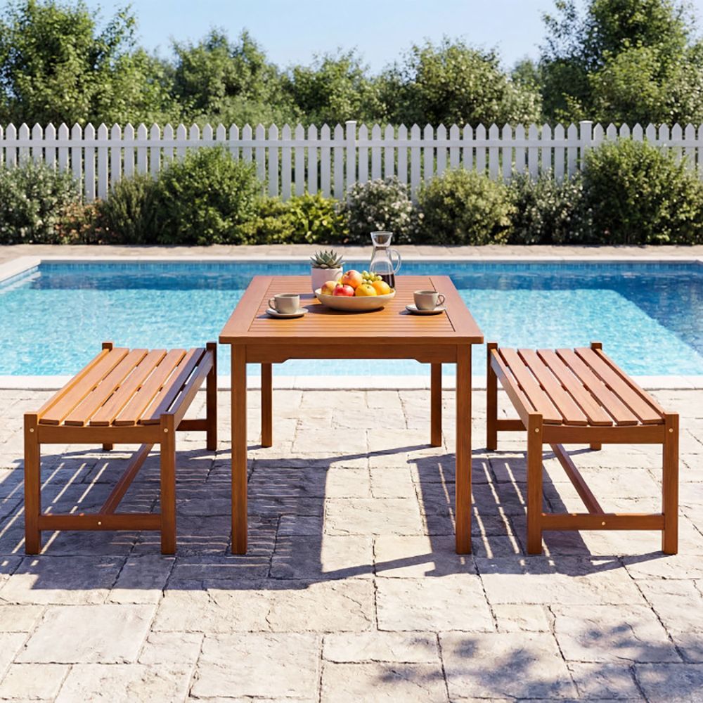 44" Patio Wood Bench Set of 1/2 Outdoor Solid Hardwood Dining Bench with Teak Oil Finish