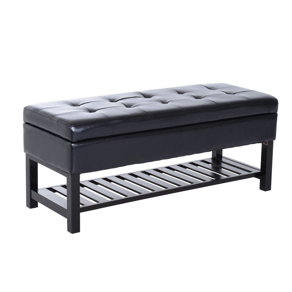 44" Tufted Black Faux Leather Ottoman Bench, Storage, Shoe Rack