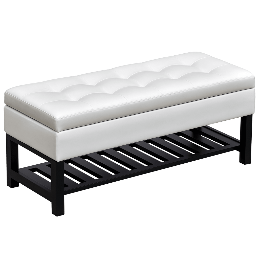44" Tufted Faux Leather Ottoman Storage Bench With Shoe Rack - White
