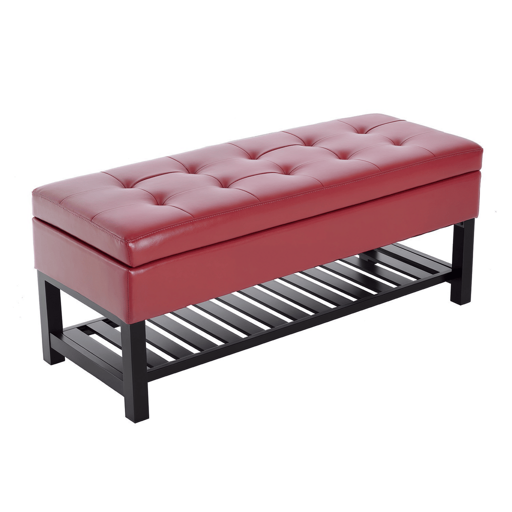44" Tufted Faux Leather Ottoman Storage Bench With Shoe Rack- Crimson Red