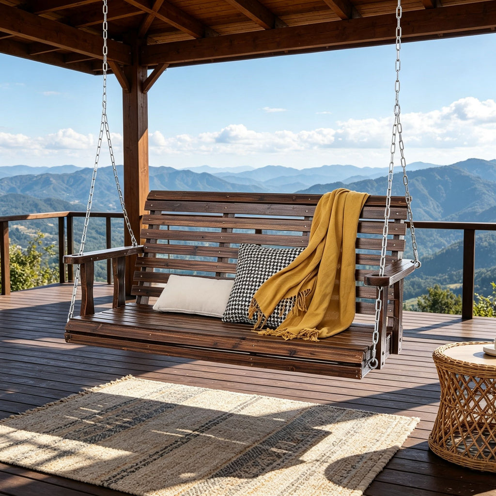 4.5 ft Wooden Porch Swing, 880 lbs Load Capacity, Heavy Duty Patio Bench with Hanging Chains, Carbonized Brown, for Courtyard & Garden