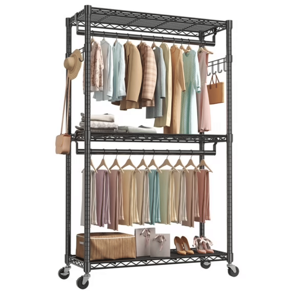45 Inch Rolling Clothes Rack, Adjustable Metal Shelves, Heavy Duty Clothes Rack with Side Hooks for Household, Laundry Room, Black (Shipment from Walmart)