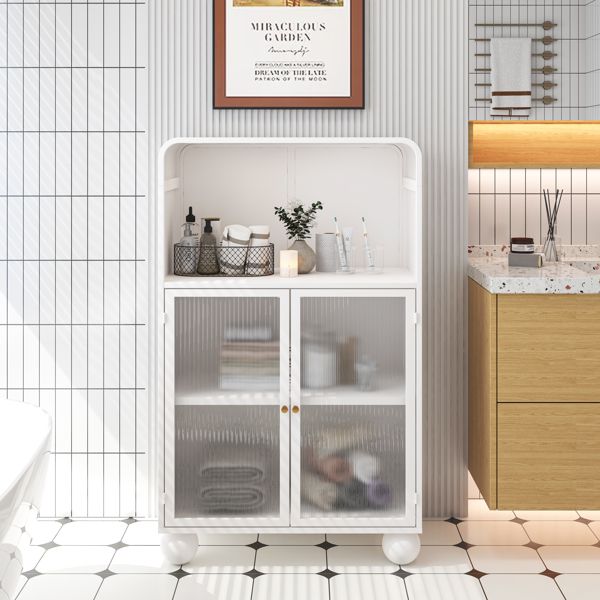 45.28" H Storage Cabinet, Bathroom Floor Cabinet with Glass Door and Shelves, Freestanding Display Storage Cabinet for Bathroom, Living Room, Kitchen, Home Office,White