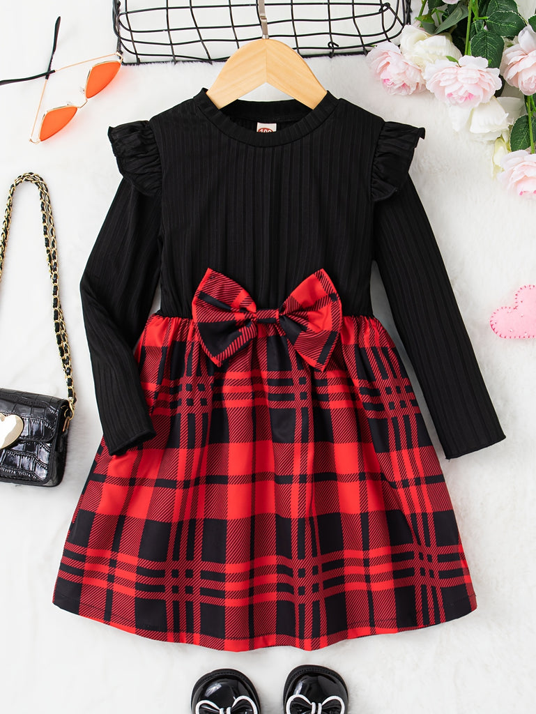 Bow Plaid Splicing A-line Long Sleeve Dress For Girls - Ideal For Party Holiday Banquet Daily Wear