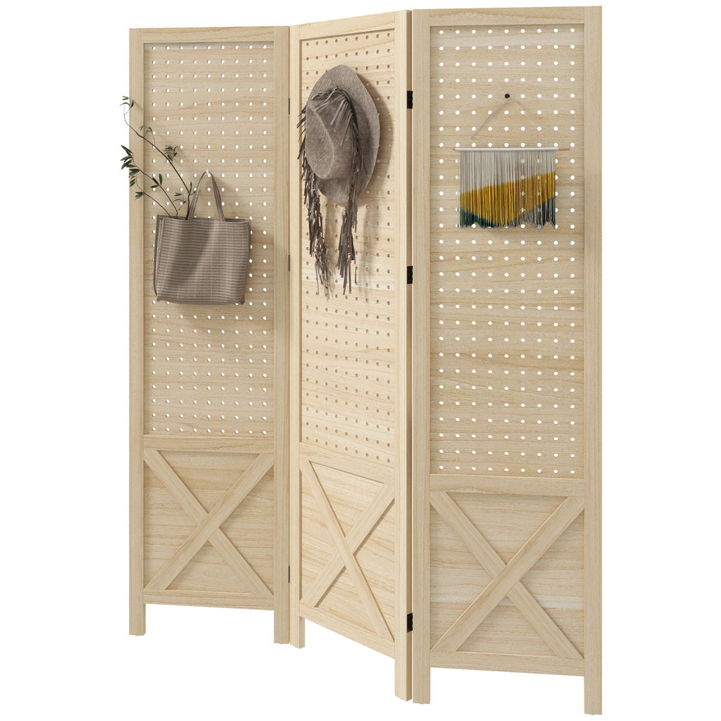 4.5ft 3 Panel Room Portable Divider with Pegboard Design, Folding Privacy Screens for Home Office, Natural Wood