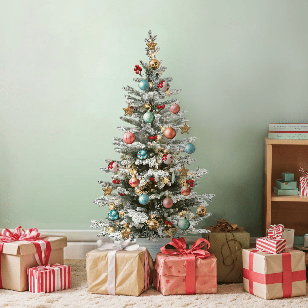 4.5ft Potted Pre-Lit Flocked Pencil Christmas Tree with 358 PE & PVC Tips & 100 Lights, White Flocked