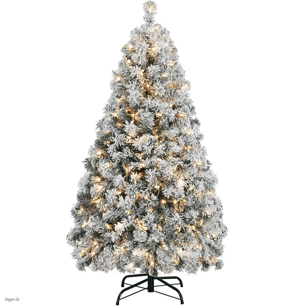 4.5FT Pre-lit Flocked Artificial Christmas Tree with Foldable Stand,Decorative Tree with Warm Lights,Green&White