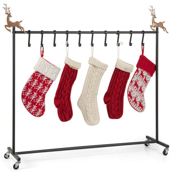 46" Christmas Stocking Holder Stand - 10 Removable Hooks+6 Toppers, 300lbs Capacity, 4 Casters (2 Brake, Black)